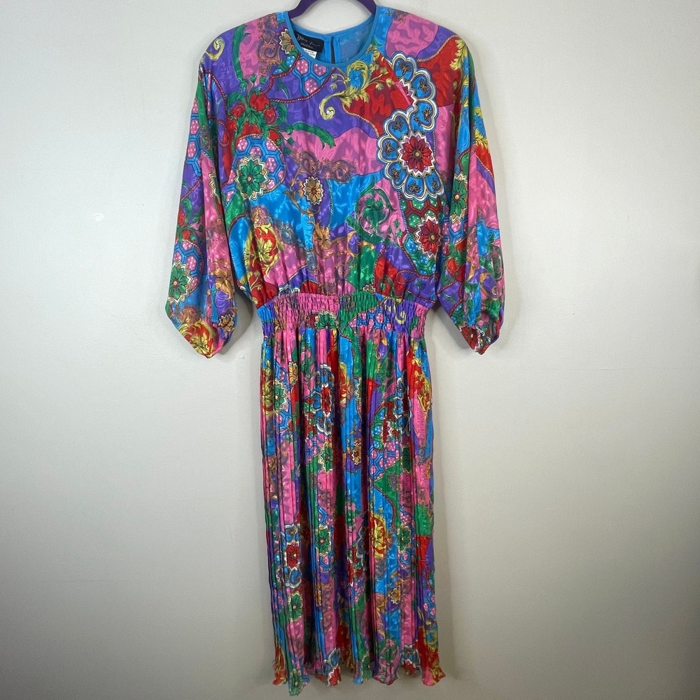 Vintage Diane Freis Original Georgette Floral Dress M Silky Pleated Belted Midi